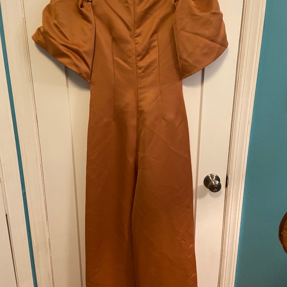 ASOS Bonded Off Shoulder Gold Jumpsuit Size 4 - Picture 9 of 10